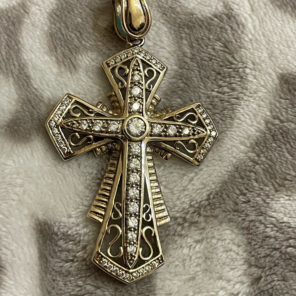 Large Sterling Silver Gold-Plated Cross Pendant with CZ Accents